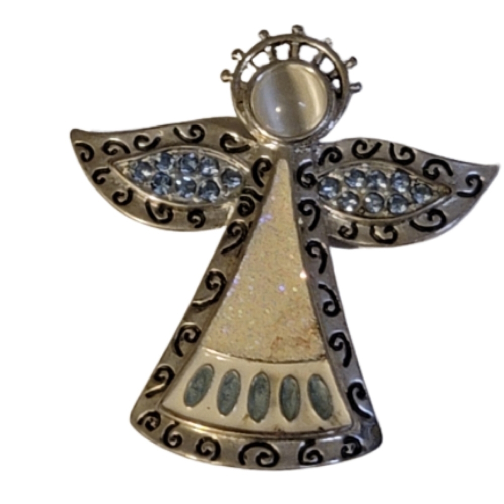 Vintage KC Kenneth Cole Angel Brooch Blue Rhinestone Wings Glitter Enamel Pin